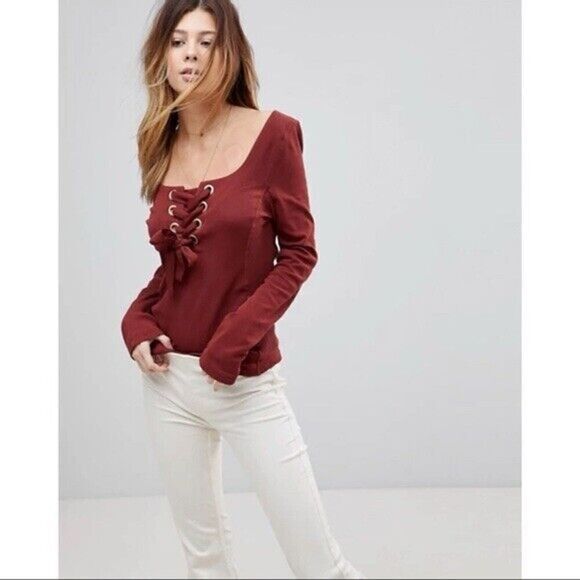 Free People Burnt Orange Lace Up Satin Ribbon Front Long Sleeve Top, Size Xsmall - Picture 3 of 13